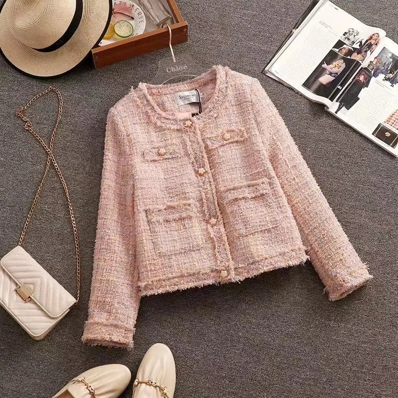 Women Elegant Tweed Fragrant Y2K Pink Suit Jacke Coat Top And Skirt Two Piece Set Outfit Winter Jacquard Party Chic Clothing