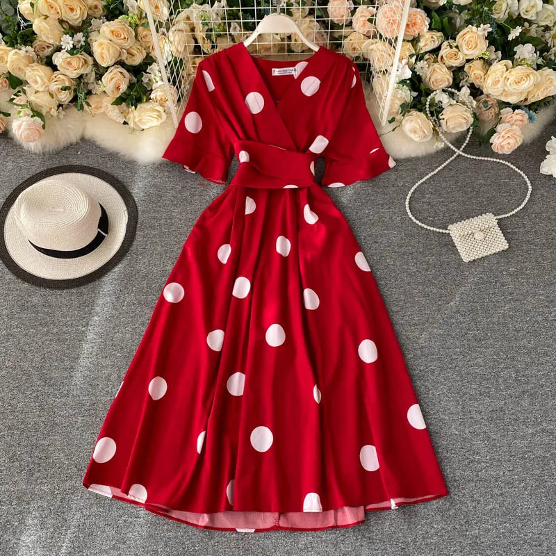 YuooMuoo – robe longue Chic à pois imprimés pour femmes, tenue de soirée élégante, Vintage, à bandes, taille fine, grande balançoire, nouvelle collection été 2023