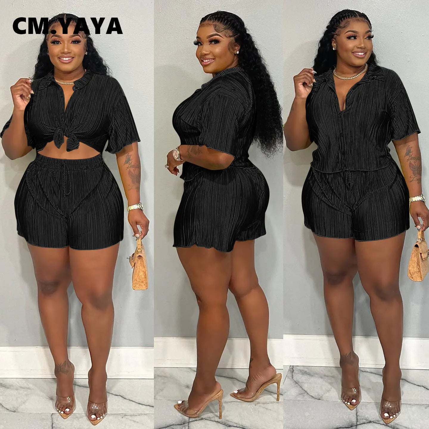 CM.YAYA Street Vintage Pleated Women's Set Short Sleeve Shirt Blouse and Shorts Suit 2023 INS Two 2 Piece Set Outfit Tracksuit