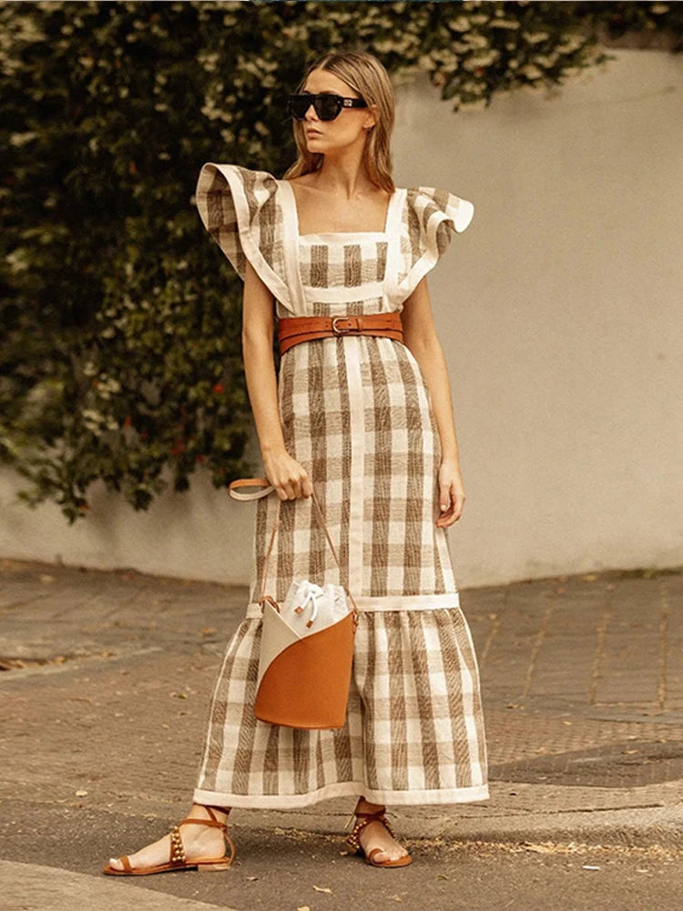 Elegant Print Striped Long Dress Women Square Collar Flying Sleeve Fashion Female Dresses 2024 Spring Summer Street Lady Robe