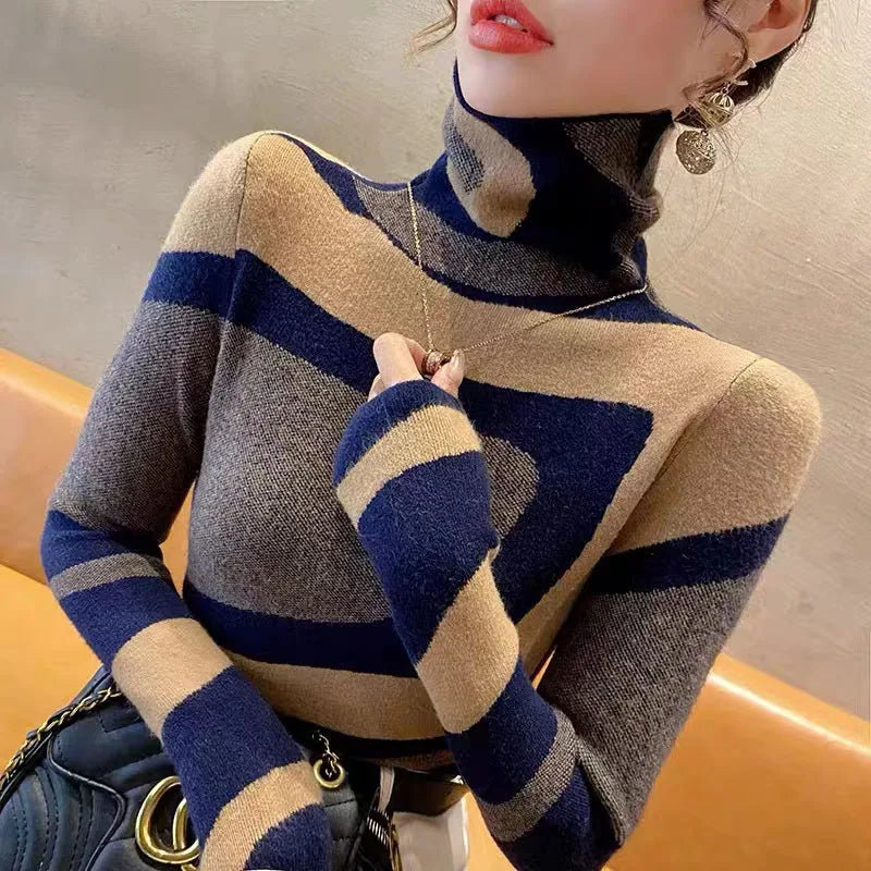 Women's Turtleneck Slim Fashion Knitted Sweater Spring New Y2k Chic All-match Vintage Wool Pullovers Daily Casual Soft Knitwear