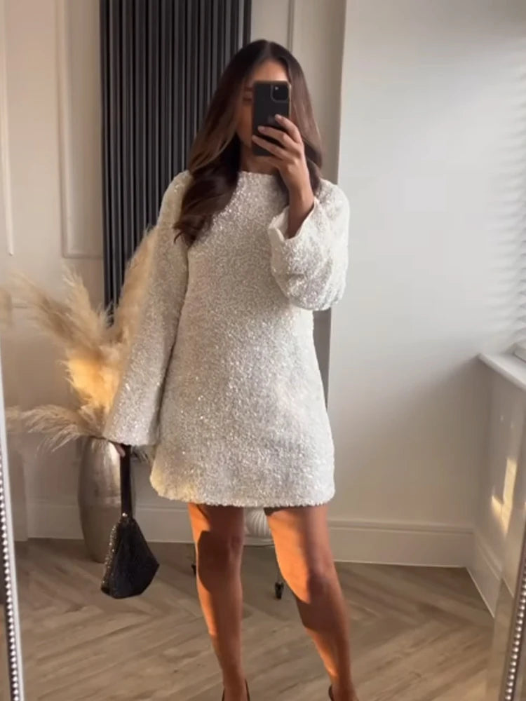 Minivestido de lentejuelas brillantes a la moda para mujer, vestidos cortos elegantes con lazo de manga larga para mujer, looks elegantes para fiesta nocturna y vacaciones