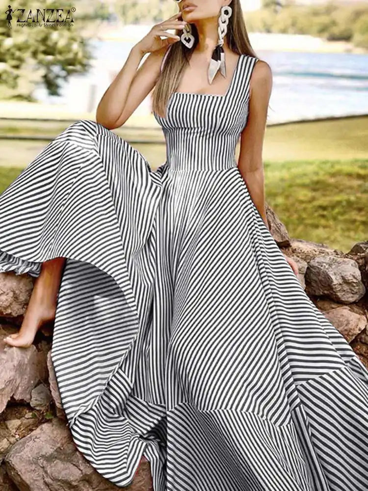 Vestido largo elegante de Francia para mujer, vestido elegante a rayas con estampado, vestidos largos de fiesta en la playa sin mangas, vestido veraniego para vacaciones 2023