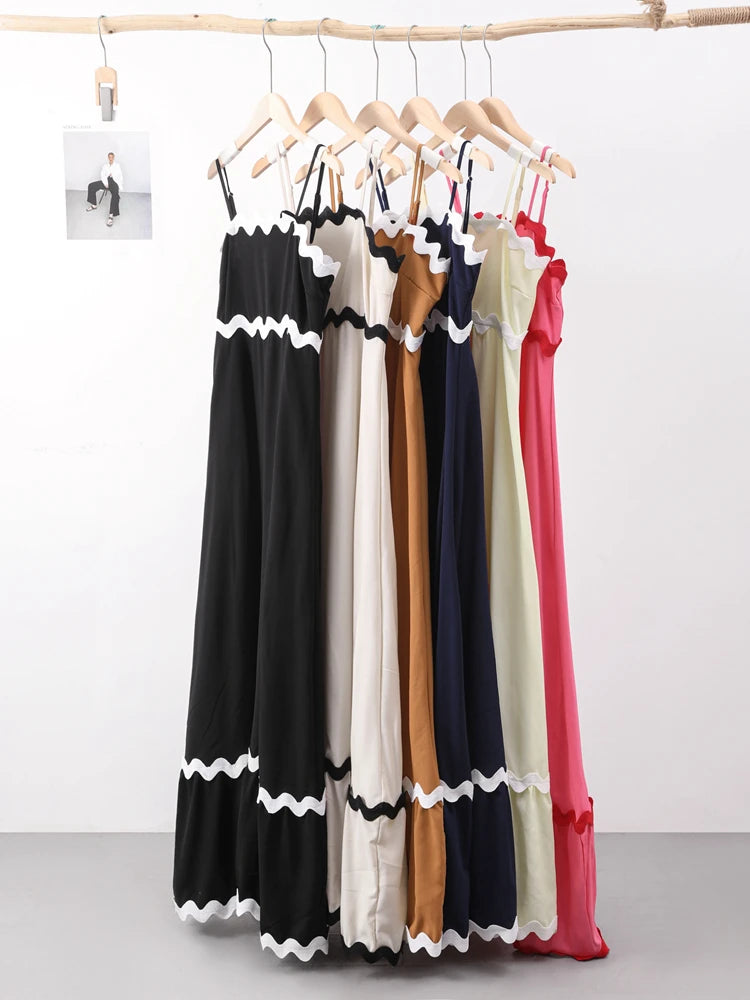 Striped Contrasting Colors Long Dress Women Spaghetti Strap High Waist Backless Party Evening Dresses Female Sleeveless Spring