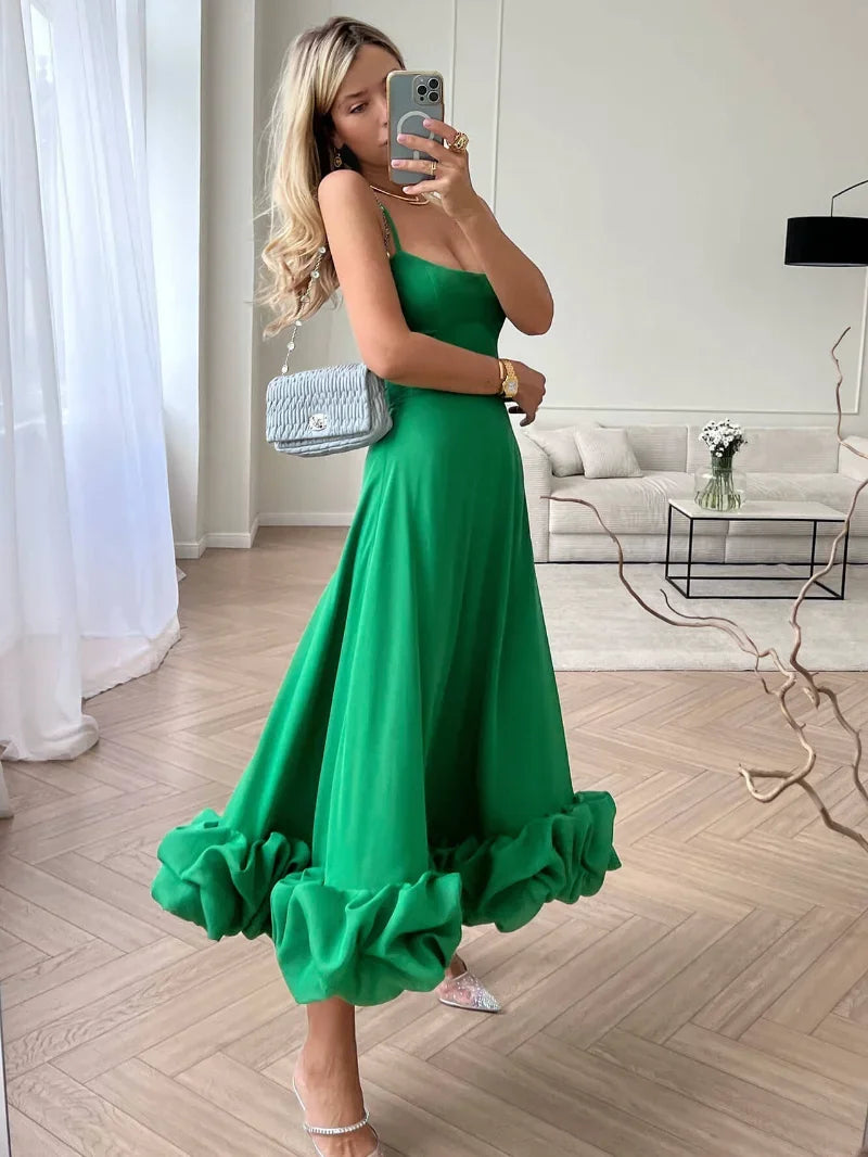 2024 mujeres Spaghetti Strap A-line volantes Rosa vestidos de noche elegante dulce sin mangas espalda descubierta con cremallera verde fiesta vestido de graduación