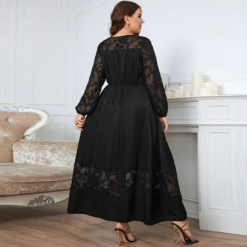 Della Mel Ropa de talla grande para mujer, vestido negro con cuello redondo y mangas largas de encaje, vestidos elegantes informales de talla grande 3XL 4XL