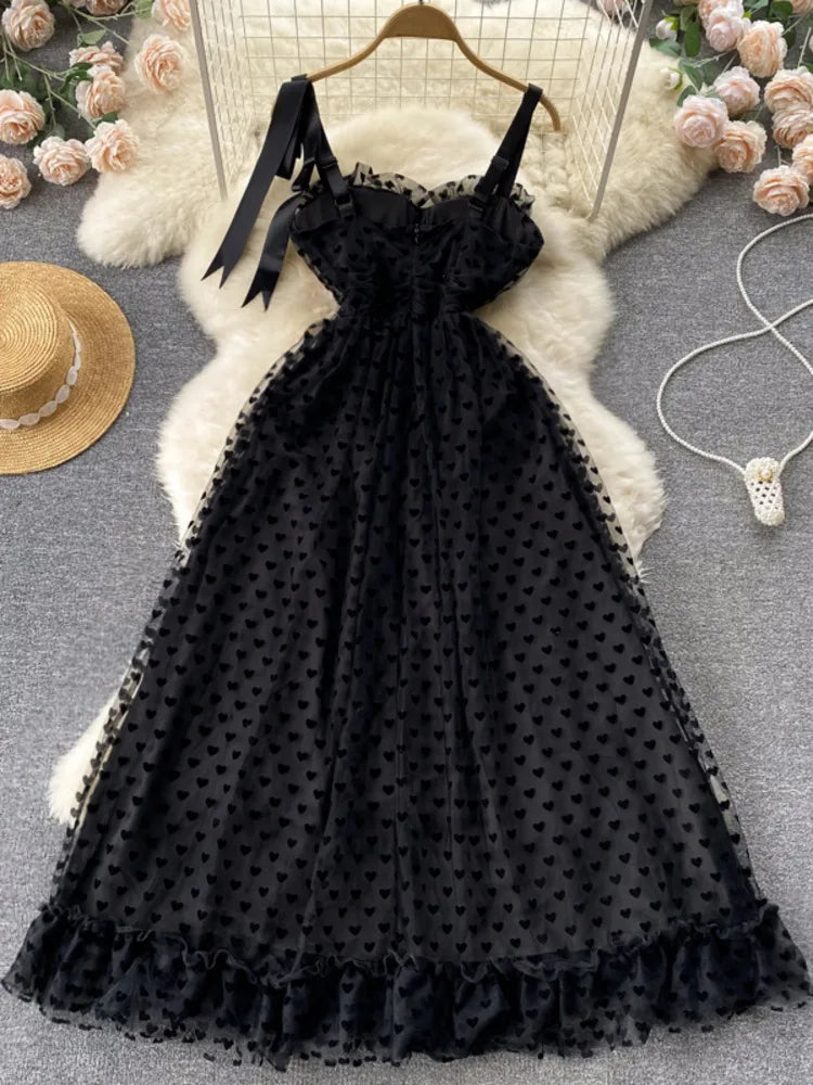 Robe longue noire élégante d'été femmes maille Tulle à pois dentelle robes de soirée dames mince a-ligne Vintage robe Maxi robes