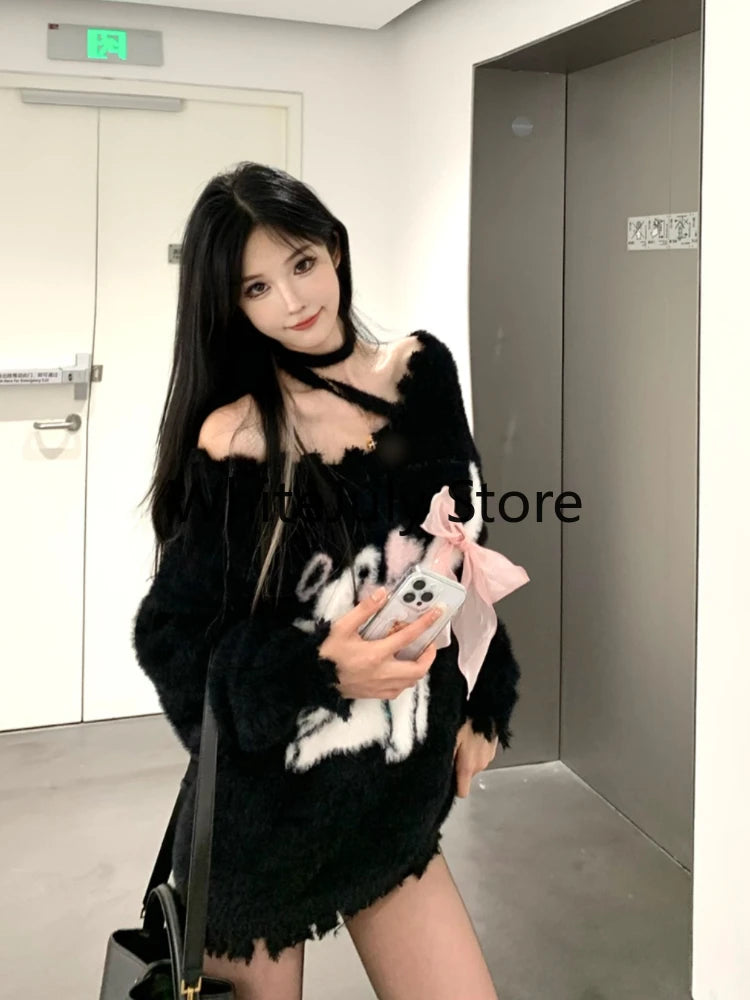 Y2K Knitted Clothes Women Casual Long Sleeve Sweet High Street Loose Pullover Outwear Oversized Black Sweater 2023 Autumn Chic