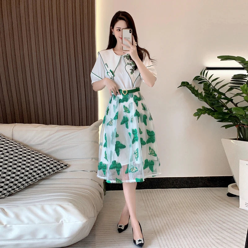 Elegant Skirt Two Piece Set For Women's Designer Lapel Short Sleeve Top+Fashion Embroidery Mesh A-Line Skirt Suit Lady Clothing