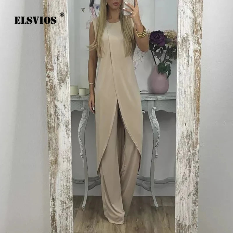 Streetwear Casual Sleeveless Loose 2 Piece Sets For Women Summer Elegant Solid O Neck Fashion Long Irregular Pullover Pants Sets