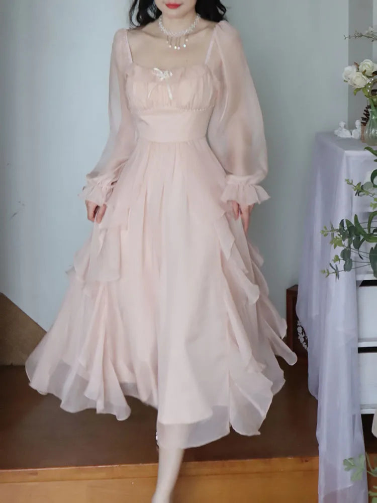 Robe féerique Vintage en mousseline de soie rose, Style coréen, tenue de soirée élégante, mi-longue, rétro, manches évasées, été, 2023