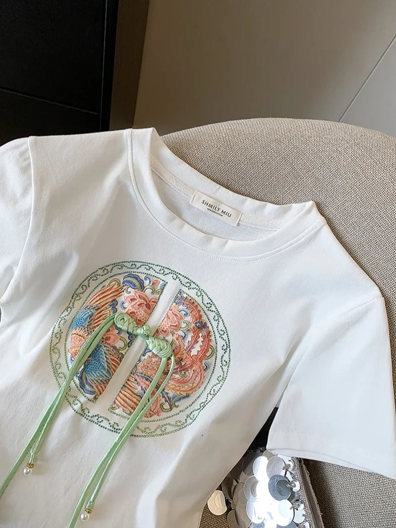 Summer Heavy embroidery Flower Thin Short Sleeve Women T-Shirt Chinese style O-Neck Elegant White Pullover Jumper Top clothing