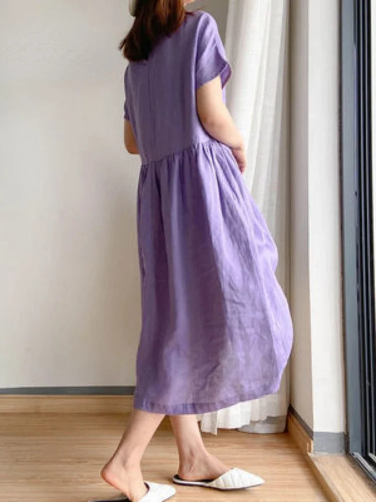 Summer Women Dress Casual Loose Short Sleeve A-LINE Oversize Solid Midi Dress Cotton Linen Dresses for Women Vestidos De Mujer