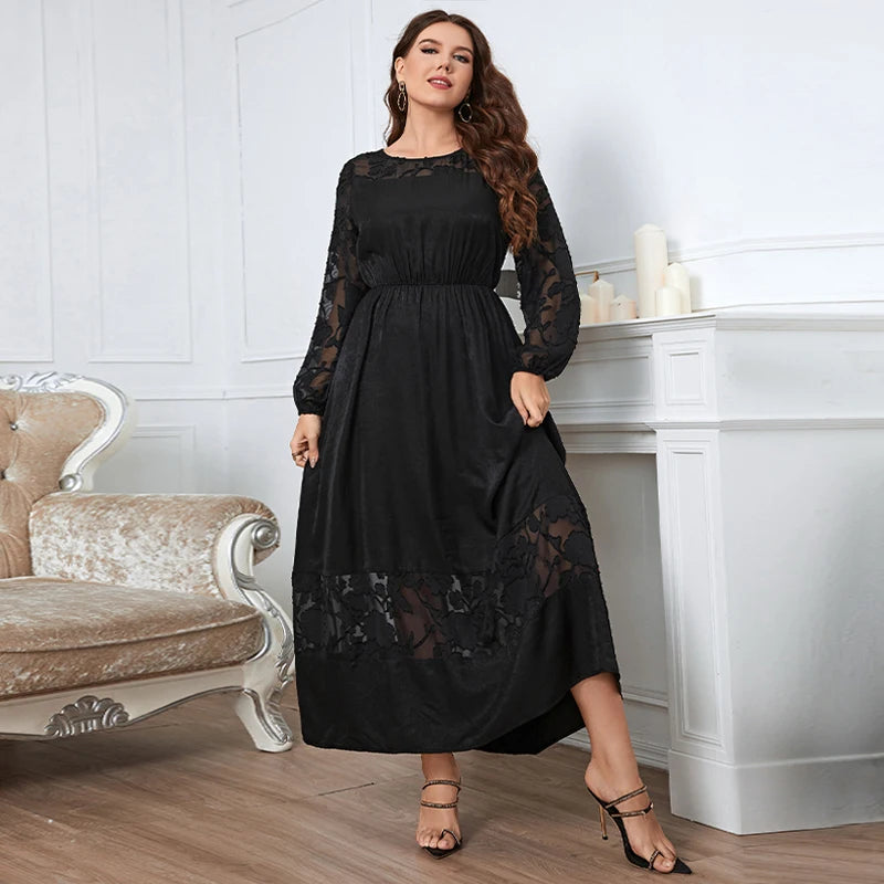 Della Mel Ropa de talla grande para mujer, vestido negro con cuello redondo y mangas largas de encaje, vestidos elegantes informales de talla grande 3XL 4XL