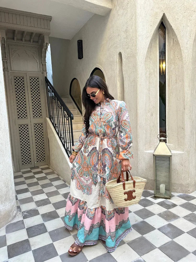 Elegant Print Single Breasted Patchwork Maxi Dress Women Long Sleeves Lace Up Loose Vestidos 2024 Spring Summer Chic Dresses