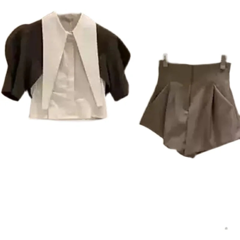 Tenues assorties pour femmes coréennes Y2K, ensemble deux pièces haut court et pantalon à grand col pour filles, nouveau short d'été, costume uniforme, vêtements, 2023