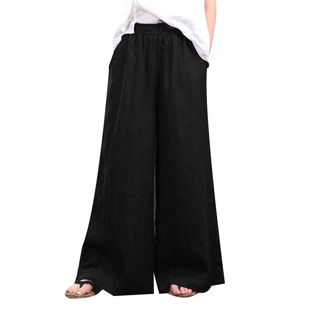 Women‘s Cotton Linen Baggy Palazzo Flared Pants Ladies Wide Leg Loose Trousers High Quality Clothing Plus Size