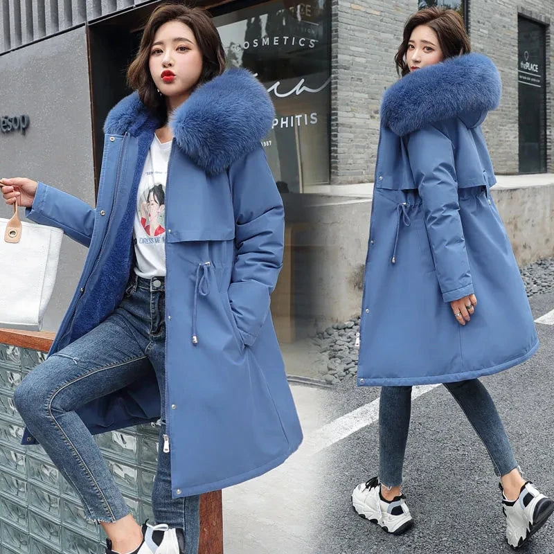 2023 New Winter Thick Warm Down Padded Coat Women's Plus Velet Cotton Coat Winter Hooded Loose Parkas Coat Fur Lining Mujer Coat