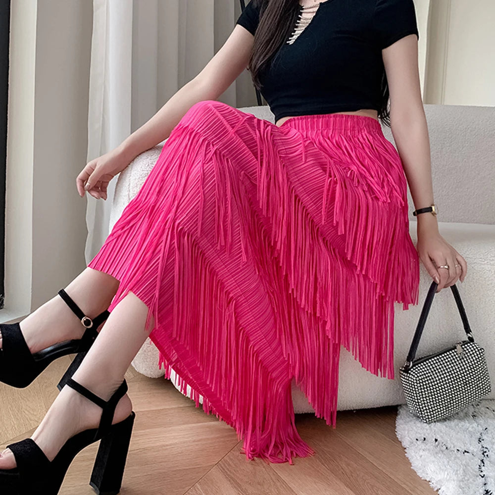 Vintage Elegant Long Skirt For Women High Waist Patchwork Pleated Tassel Solid Party Skirts Female High Street Summer Clothing