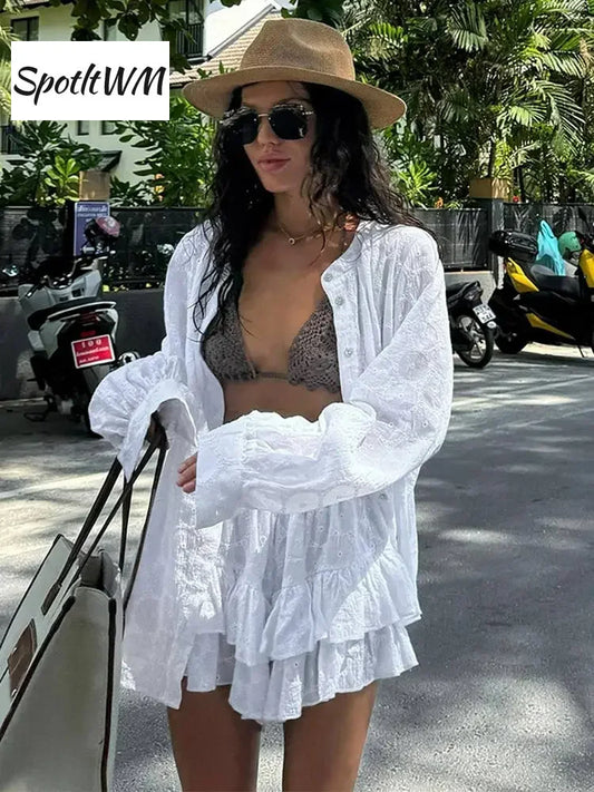 White Long Sleeved Shirt Jacket Shorts Sets Summer Female Stand Collar Single Breasted Suits Casual Vacation Casual Beachwear