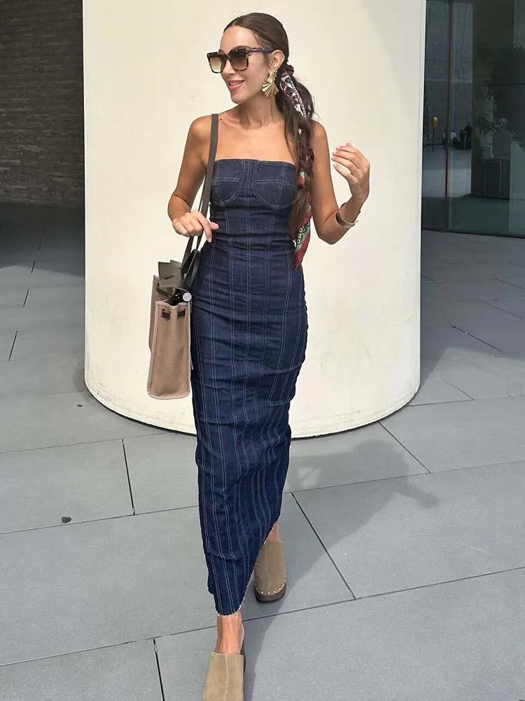 TRAF 2023 New Dresses for Women Tube Top Elastic Tight Dress Summer Backless Sexy Evening Dresses Denim Midi Party Dress