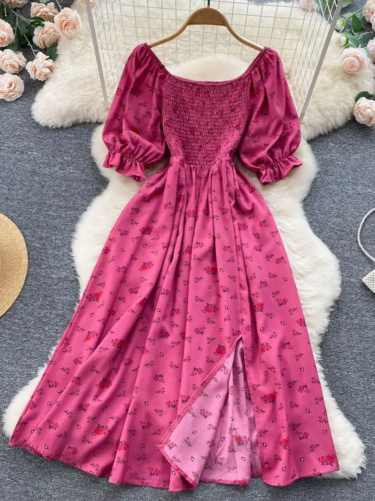 YuooMuoo, envío rápido, vestido de mujer, moda romántica, estampado Floral, vestido largo dividido de verano con mangas abullonadas, Vestidos coreanos de fiesta