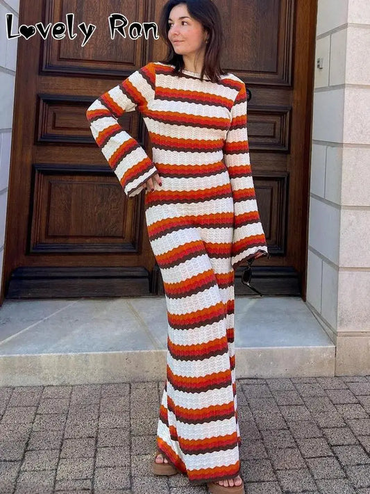 Fashion Knitted Crochet Stripe Maxi Dress Women Elegant Horn Sleeve Beach Dress Female Holiday Evening Party Chic Long Dresses