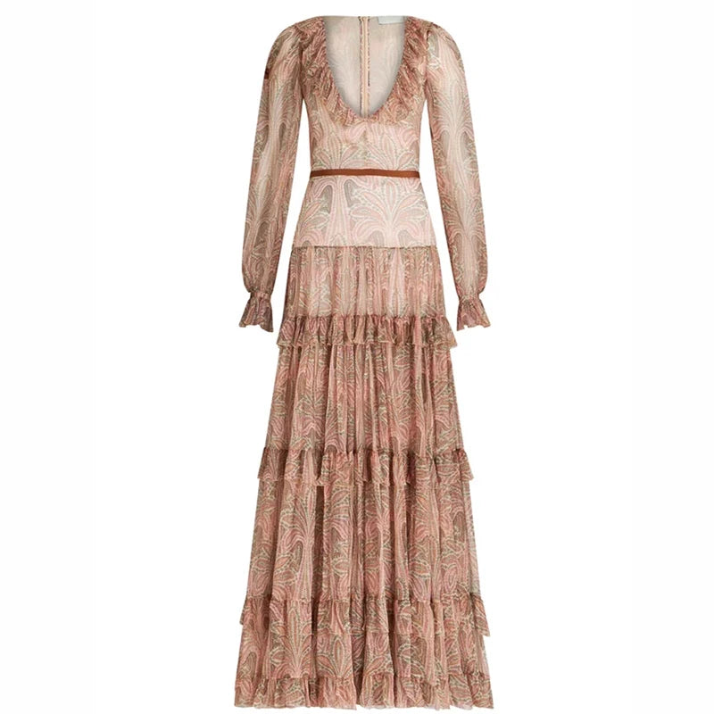 Vestidos bohemios informales para mujer, vestido de noche elegante con cuello en V y cintura alta con volantes, vestido largo plisado de malla estampado a la moda 2023