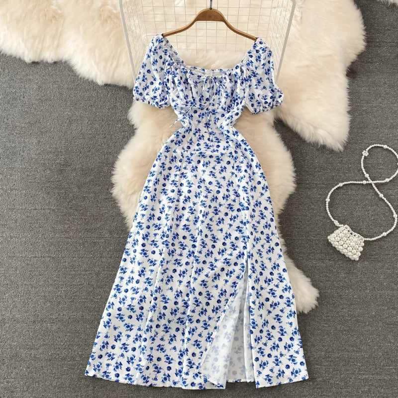 Summer Vintage Dress Blue Floral Summer Bubble Sleeve Tie Up Sexy Dresses Women A-line Print Split Long Dress Elegant Vestidos