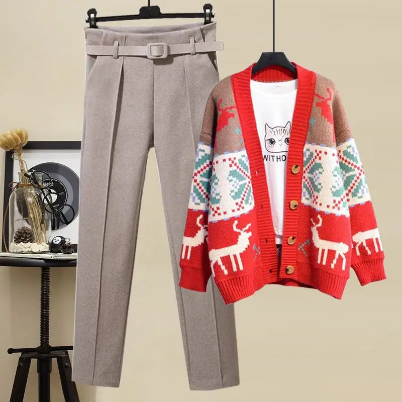 Women Warm Thicken Y2K Suit Christmas Cardigan Sweater+Woolen Pant Three Piece Set Outfit Female Winter Snowwear Cold Clothing