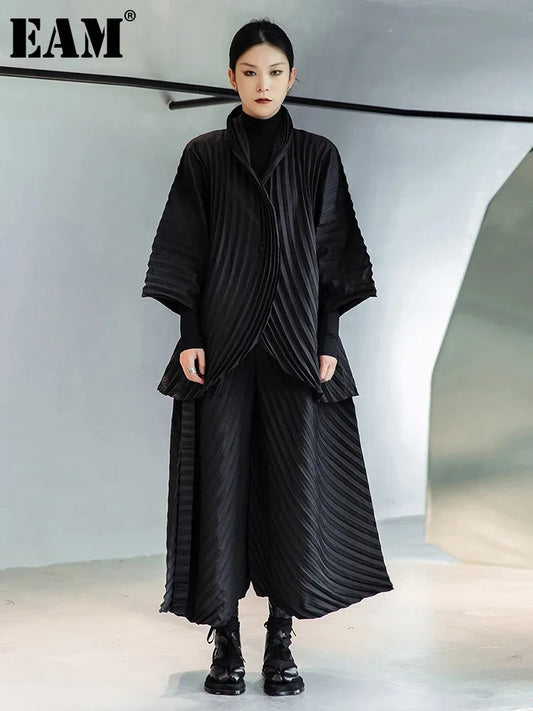 [EAM] Wide Leg Pants Pleated Two Piece Suit New Turtleneck Long Sleeve Black Loose Fit Women Fashion Spring Autumn 2024 1DE3064