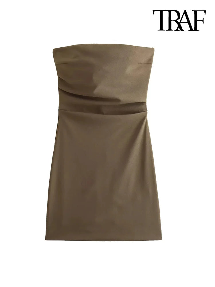 TRAF-Strapless Draped Mini Dress for Women, Straight Neck, Back Zipper, Female Dresses, Fashion