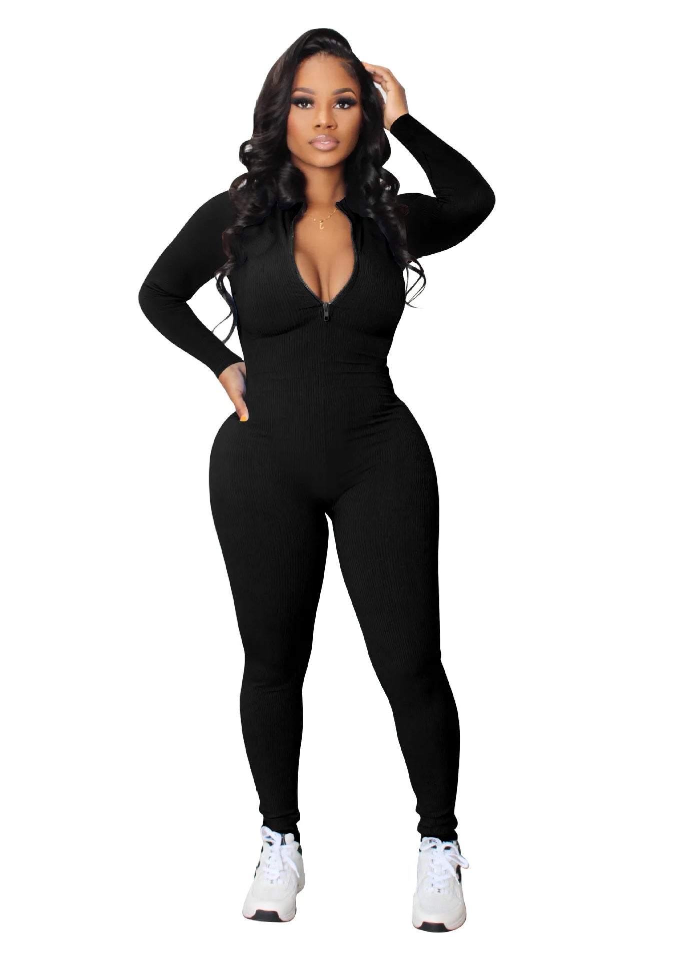 Women's Yoga Jumpsuits Workout Ribbed Long Sleeve Front Zip Sport One Piece 2023 Sexy V Neck Bodysuit Rompers Casual Sportswear