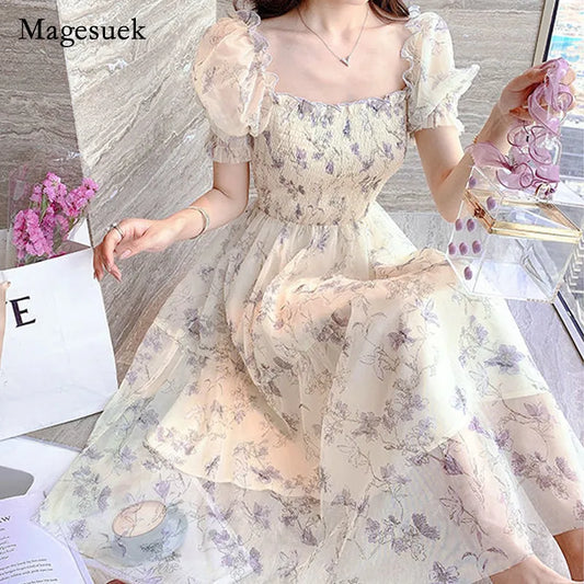 Summer White Chiffon Long Dress Casual Floral Party Dress Elegant Short Sleeve Fairy Dresses for Women Sweet Clothing 20044