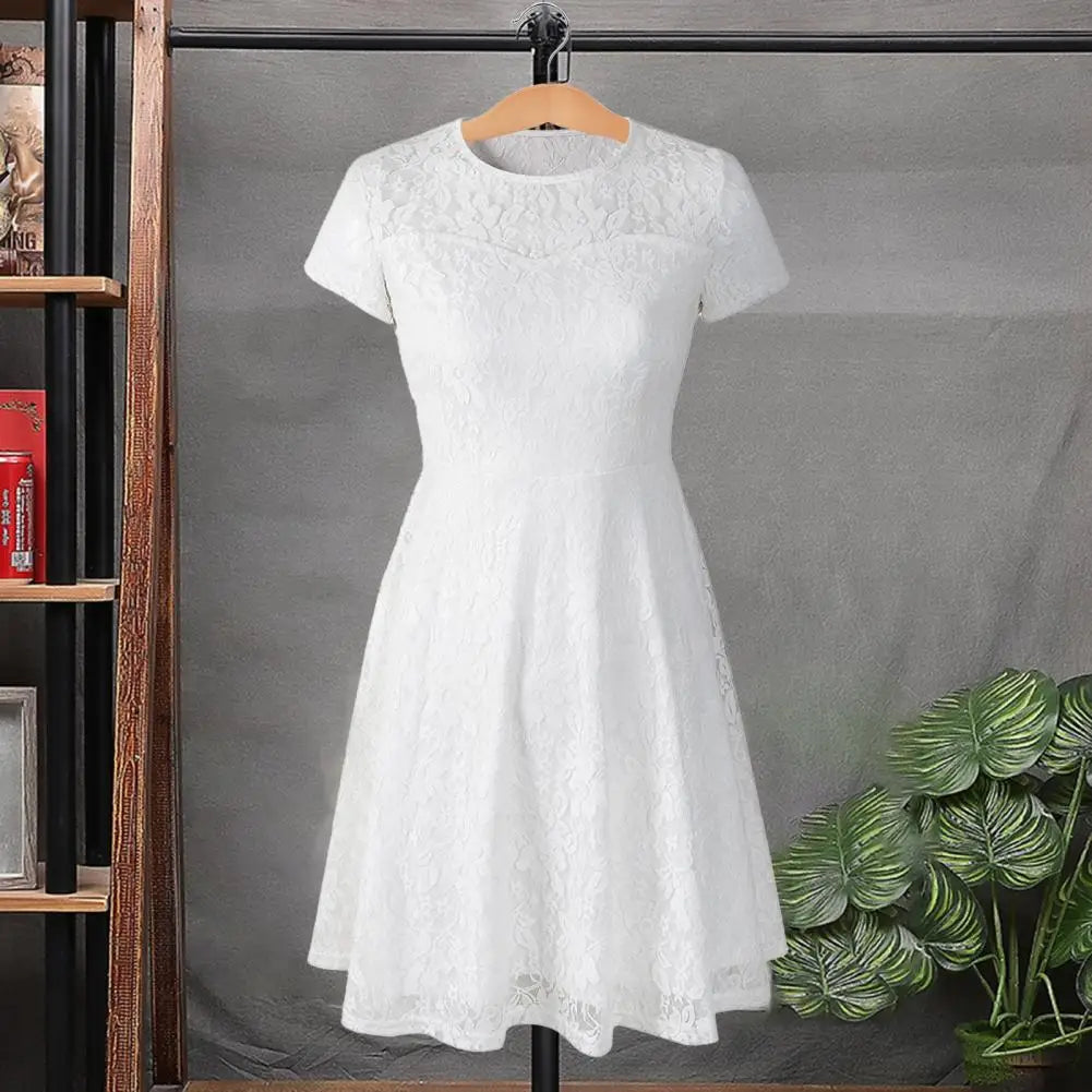 Women Summer Dress See-through Hollow Out Lace Party Mini Dress Round Neck A-line Plus Size Prom Dress Women Clothes