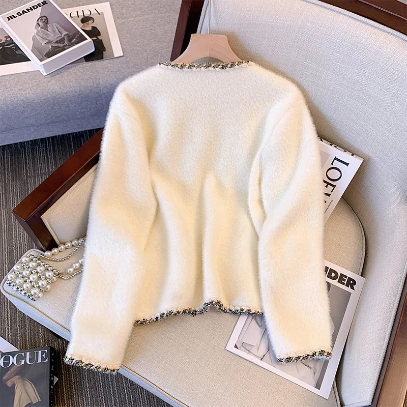 Autumn 2023 Women Beige O-neck Striped Cardigan Casual Loose Sweater Fashion Temperament Knitted Jacket Y2k Streetwear clothing