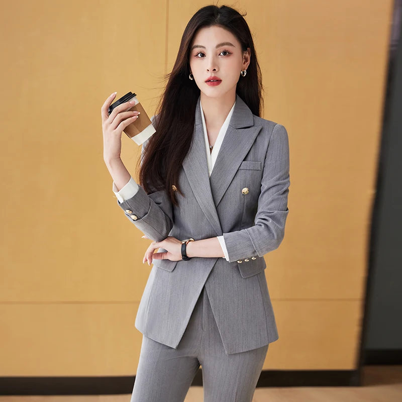 Women 2023 Elegant Stripe Suits Office Ladies Chic Jacket Coat Tops And Pant Two Pieces Set Matching Outfit Large S-4XL Clothing