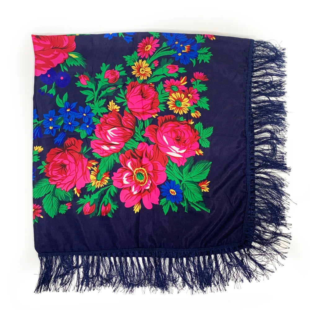 Foulard carré russe pour femmes, imprimé Floral, châle traditionnel ukrainien à franges, Babushka, Bandana, mouchoir, 160x160CM