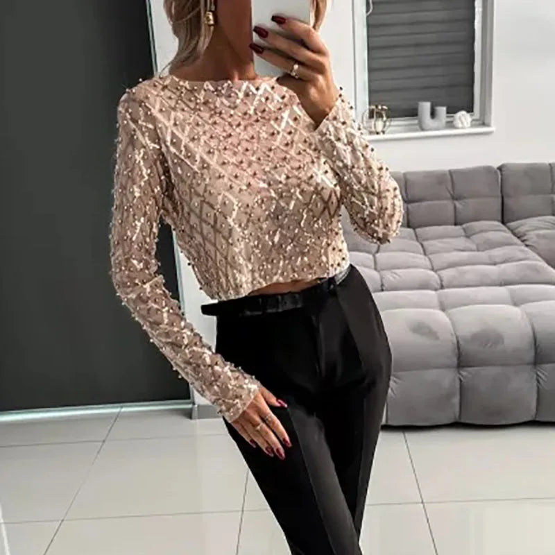 Gold Sequin Shiny Beading See-though Blouse Women New Spring O-neck Hollow Out Top Pullover Autumn Long Sleeve Fashionable Shirt