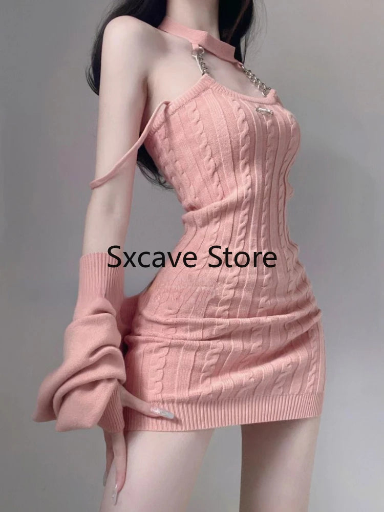 2023 Autumn Pink Knitted Suits Office Lady Casual Y2k Crop Tops + Mini Dress Korea Fashion Clothing Even Party 2 Piece Dress Set