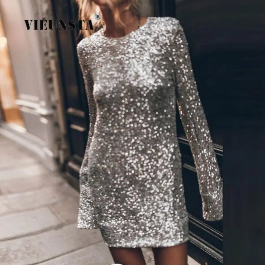 2023 Women Glitter Party Cocktail Party Dress Fashion Long Sleeve Backless Dress Temperament Elegant Sexy Sequined Evening Dress