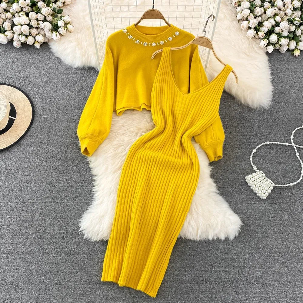 Sweater Set Casual Pullovers Suits Slip Dress For Women Slim Solid Autumn Winter Knitted Long Sleeve Elegance Elastic Sweet