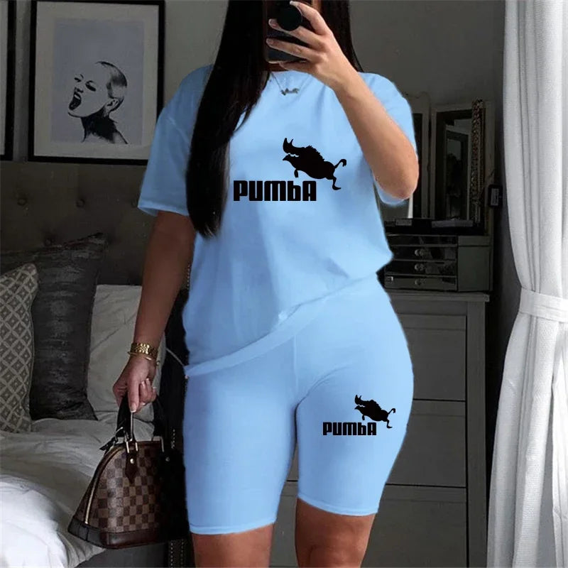 Women Two Piece Set Summer Short Sleeve O-Neck Tee Tops+Pencil Shorts Suits Tracksuits Outfit Graphic T Shirts Jogging Suits