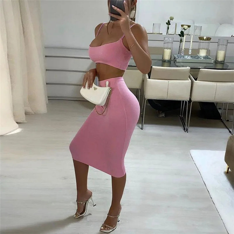 006 Women's Summer Dress Set Sexy Halter Crop Top Bodycon Skirt Set