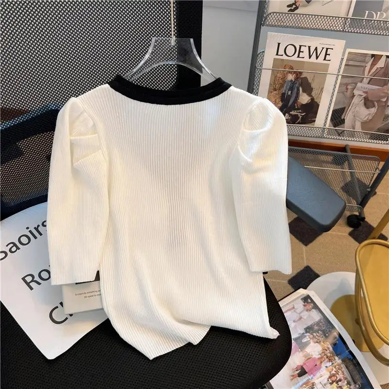 2023 Summer Korean Knitted Sweaters Tops Short Sleeve V neck Vintage Fashion Office Pullover Sweaters Femme Ropa Mujer clothing