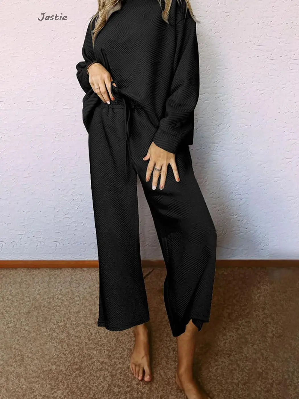 2023 New Spring Autumn Solid Long Sleeve Sweatshirt Wide Leg Pant Set Drawstring Waist Trouser Loose Women Outfits Casual Sports