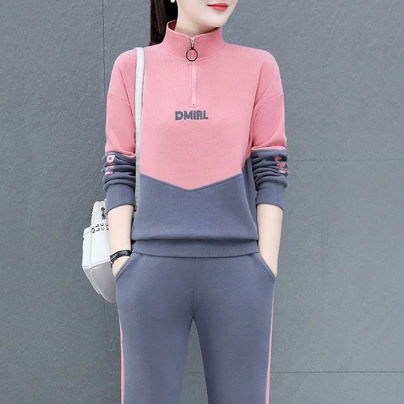 Ensemble de vêtements pour femmes, sweat-shirt à col rabattu + pantalon, costume 2 pièces, mode printemps-automne, fermeture éclair, Streetwear, survêtement décontracté