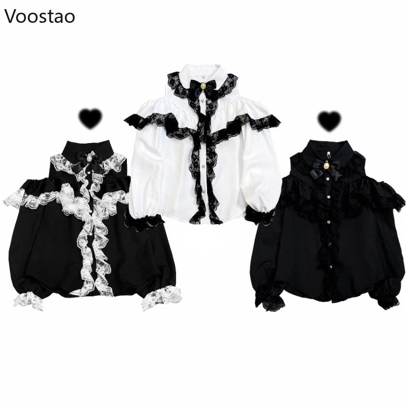 Y2k Lolita Style Blouses Women Fashion Kawaii Lace Mesh Ruffles Bowknot Off Shoulder Long Sleeve Shirt Gothic Girls Vintage Tops