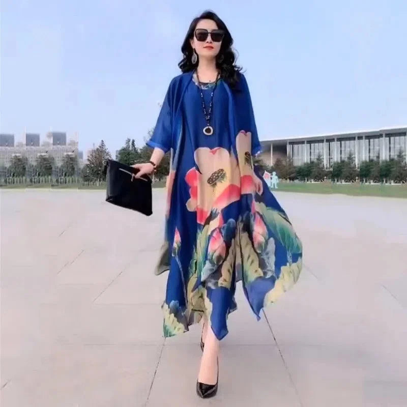 2022 Mother Dress Suit Summer Casual Fashion Printing Two Piece Suits Long Dress Suits Women Temperament Dress Sets Female Suits