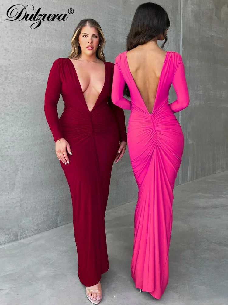 Dulzura Deep V-Neck Ruched Solid Maxi Dress Body-Shaping Long Sleeve Elegant Evening Party Sexy 2023 Summer Classic Prom